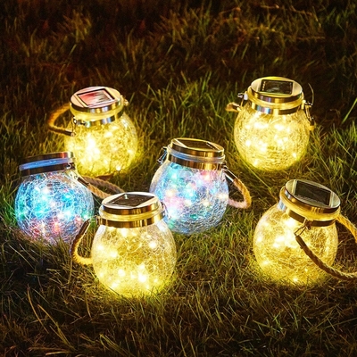 Crackle LED Lumières solaires de patio Lampes suspendues en verre souhaitant Noël Lampes de jarre Mason